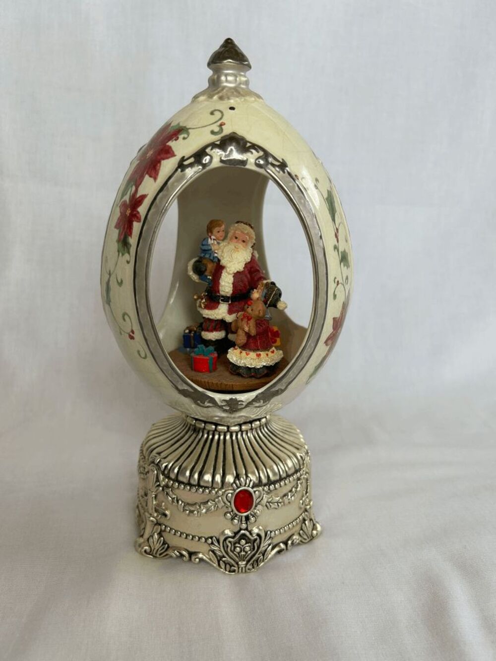 Sankyo Revolving Musical Christmas Egg, Santa & Children, Silver Toned